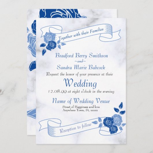 Blauw Elegant Wit Grijs Bloemen Hart Uitnodiging (Voorkant / Achterkant)