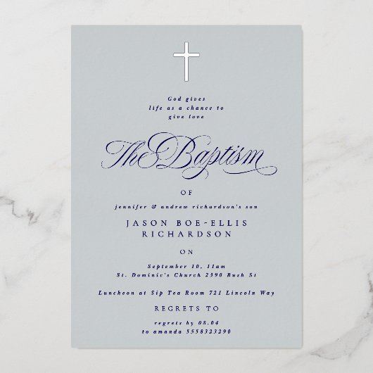 Blauw Elegant Zilveren Kruis Jongen Doop Uitnodigi Folie Uitnodiging (Voorkant)