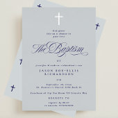 Blauw Elegant Zilveren Kruis Jongen Doop Uitnodigi Folie Uitnodiging