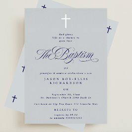 Blauw Elegant Zilveren Kruis Jongen Doop Uitnodigi Folie Uitnodiging
