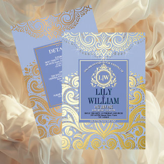 Blauw Elegante Artdeco Diamant Monogram Huwelijk G Folie Uitnodiging