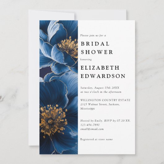 Blauw Elegante Bloem QR Code Bruidsmeisjesfeest Kaart (Voorkant)