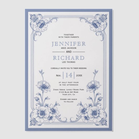Blauw elegante  bloemen lijst bruiloft vellum uitnodigingen (Voorkant)