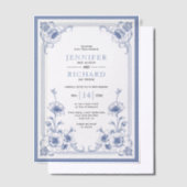 Blauw elegante  bloemen lijst bruiloft vellum uitnodigingen (Offset)