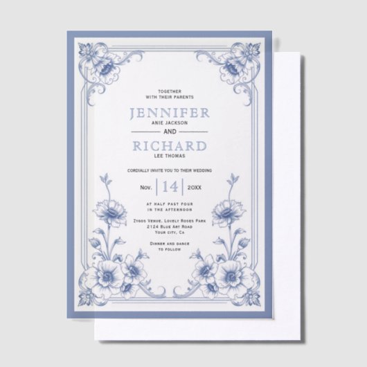 Blauw elegante  bloemen lijst bruiloft vellum uitnodigingen (Offset)