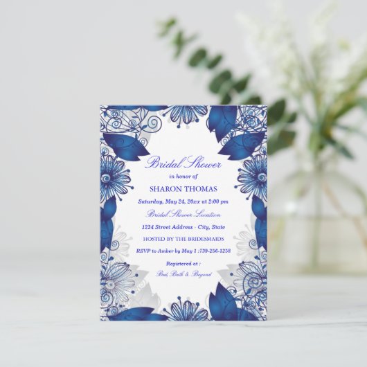 Blauw Elegante Bloemen | Uitnodiging voor bruidsdo (Staand voorkant)