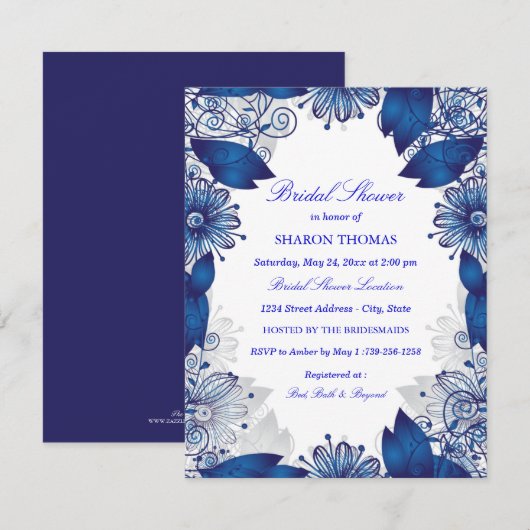 Blauw Elegante Bloemen | Uitnodiging voor bruidsdo (Voorkant / Achterkant)