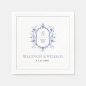  Blauw Elegante Bloemenkam Monogram bruiloft Servet (Voorkant)