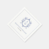  Blauw Elegante Bloemenkam Monogram bruiloft Servet (Hoek)