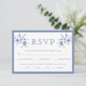 Blauw elegante  bloemstuk bruiloft RSVP kaartje (Staand voorkant)
