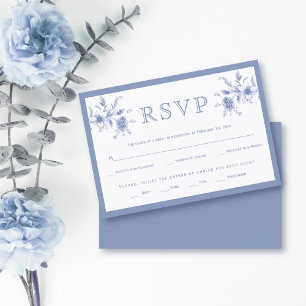 Blauw elegante  bloemstuk bruiloft RSVP kaartje