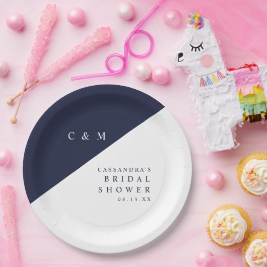 Blauw Elegante Chique Monogram Trouw Bruiloft Papieren Bordje (Feest)