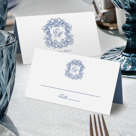 Blauw Elegante  Crest Monogram Huwelijk Plaatskaartje