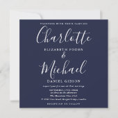Blauw Elegante Handtekening Script Trouwfoto Kaart (Voorkant)