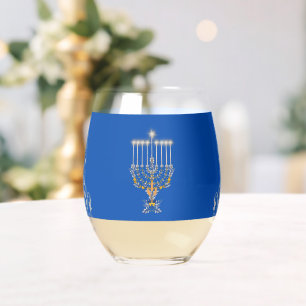 Blauw Elegante Hanukkah Zilveren Menora Wijnglas Zonder Voet