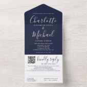 Blauw Elegante Moderne Script QR Code Trouwkaart All In One Uitnodiging (Binnen)