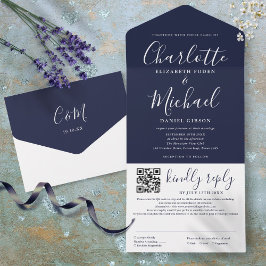 Blauw Elegante Moderne Script QR Code Trouwkaart All In One Uitnodiging