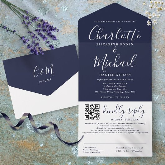 Blauw Elegante Moderne Script QR Code Trouwkaart All In One Uitnodiging