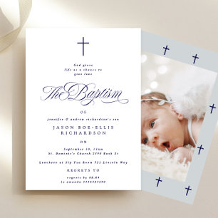 Blauw Elegante Navy Cross Boy Fotodoop Uitnodigen Kaart