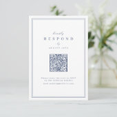 Blauw elegante randen gouden klassieke QR-code bru RSVP Kaartje (Staand voorkant)