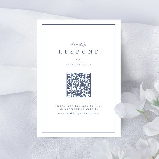 Blauw elegante randen gouden klassieke QR-code bru RSVP Kaartje