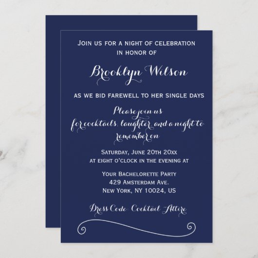 Blauw Elegante Uitnodiging voor Bachelorette Feest (Voorkant / Achterkant)