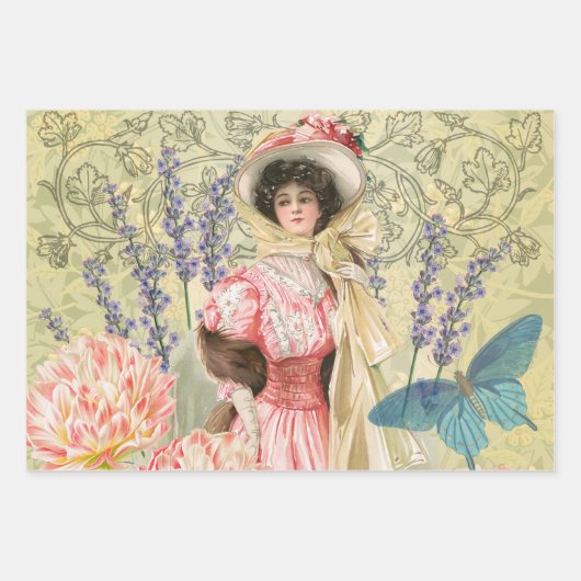 Blauw Elegante Vrouw Bloemen Fancy jurk Inpakpapier Vel (Voorkant 3)