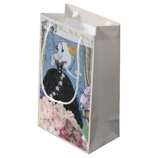 Blauw Elegante Vrouw Bloemen Fancy jurk Klein Cadeauzakje (Achterkant Gekanteld)