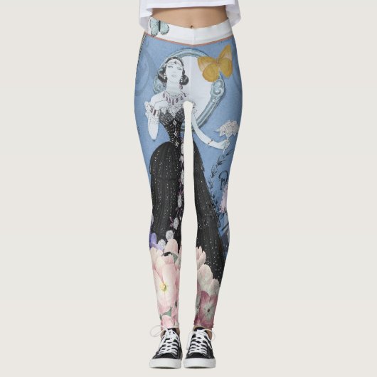 Blauw Elegante Vrouw Bloemen Fancy jurk Leggings (Voorkant)