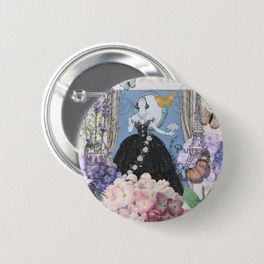 Blauw Elegante Vrouw Bloemen Fancy jurk Ronde Button 5,7 Cm (Voorkant /achterkant)