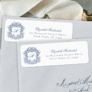 Blauw Elegante Wapen Monogram Huwelijks Retouradre Etiket