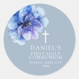 Blauw Elegante Waterverf Bloemen Heilige Communie Ronde Sticker