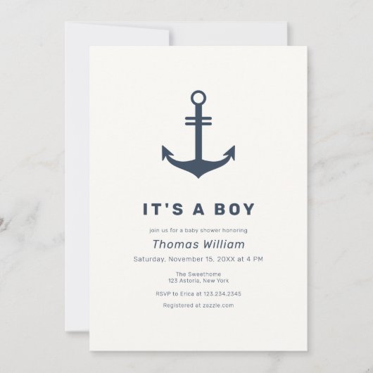 Blauw Elegante Zeeanker Baby Shower Kaart (Voorkant)