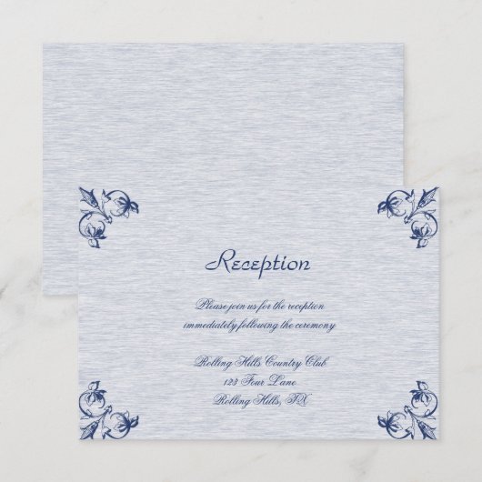 Blauw  Elegantie Bruiloft Receptie Kaart (Voorkant / Achterkant)