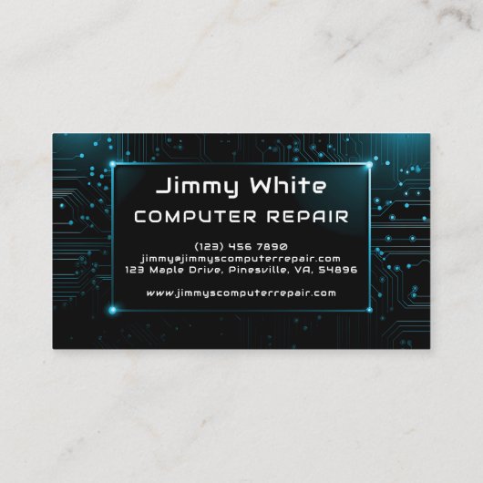 Blauw elektrisch circuit ontwerp computer reparati visitekaartje (Achterkant)