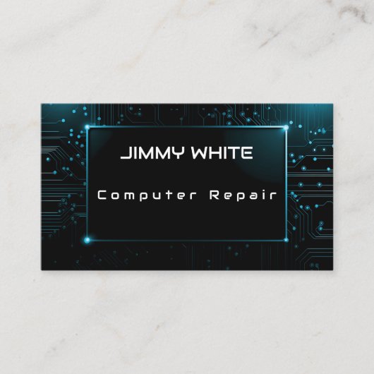 Blauw elektrisch circuit ontwerp computer reparati visitekaartje (Voorkant)