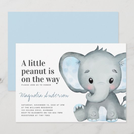 Blauw Elephant Little Peanut Baby shower Kaart (Voorkant / Achterkant)