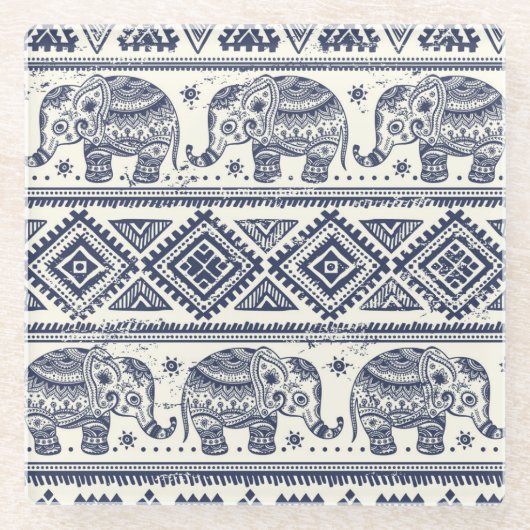 Blauw Elephant Patroon Glazen Onderzetter (Voorkant)