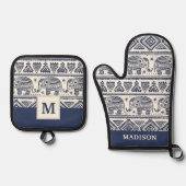 Blauw Elephant Patroon Ovenwant & Pannenlap Set (Voorkant)