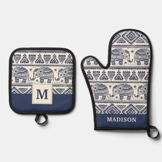 Blauw Elephant Patroon Ovenwant & Pannenlap Set (Voorkant)