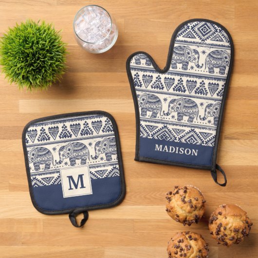 Blauw Elephant Patroon Ovenwant & Pannenlap Set (Top down)