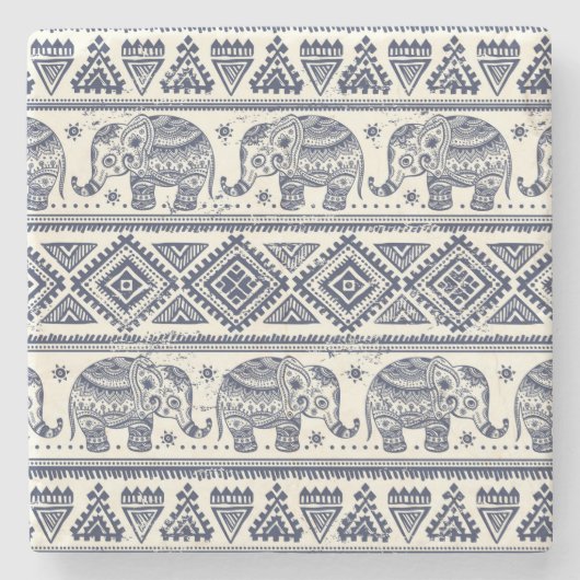 Blauw Elephant Patroon Stenen Onderzetter (Voorkant)