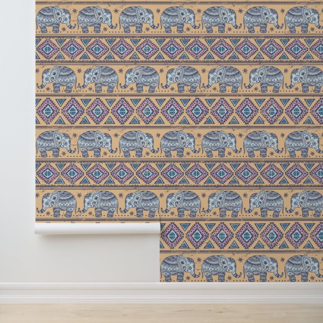 Blauw Elephant Tribal Patroon Behang (Applicatie)