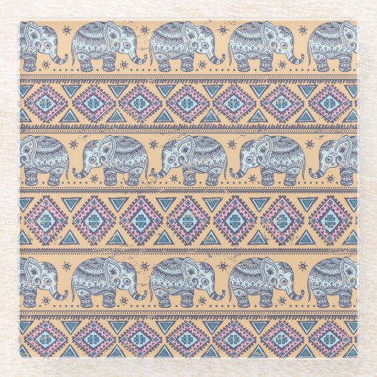 Blauw Elephant Tribal Patroon Glazen Onderzetter (Voorkant)