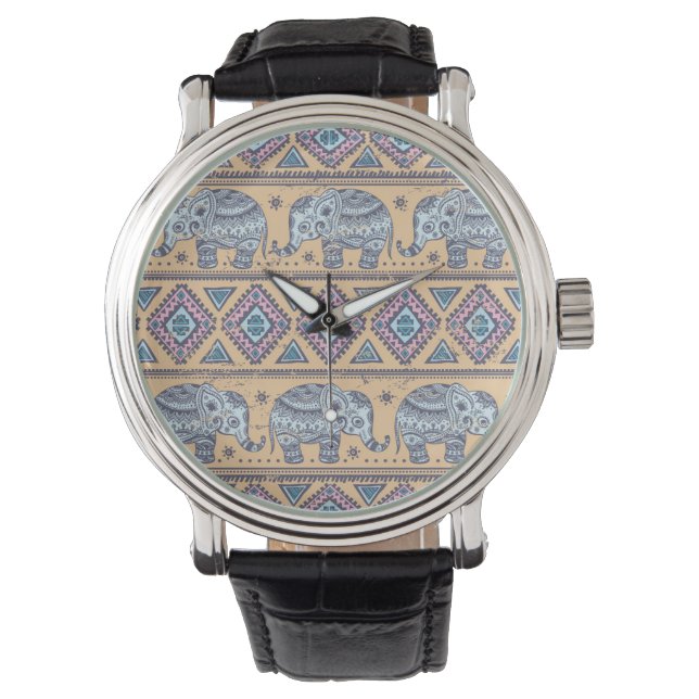 Blauw Elephant Tribal Patroon Horloge (Voorkant)