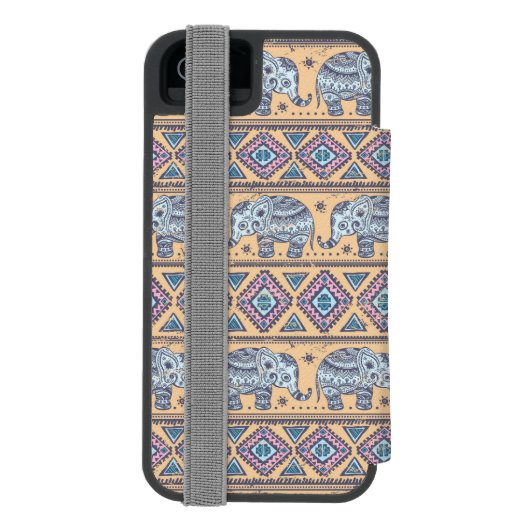 Blauw Elephant Tribal Patroon Incipio iPhone Portemonnee Hoesje (Agenda Achterkant)