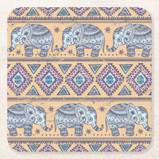 Blauw Elephant Tribal Patroon Kartonnen Onderzetters (Voorkant)
