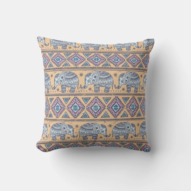 Blauw Elephant Tribal Patroon Kussen (Voorkant)