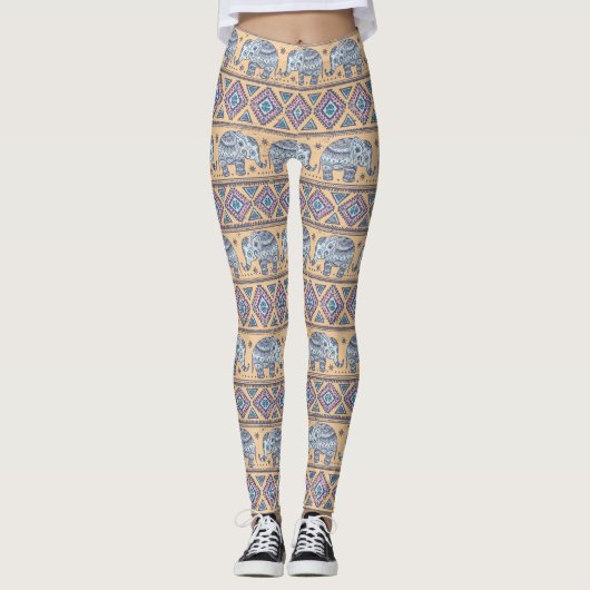 Blauw Elephant Tribal Patroon Leggings (Voorkant)