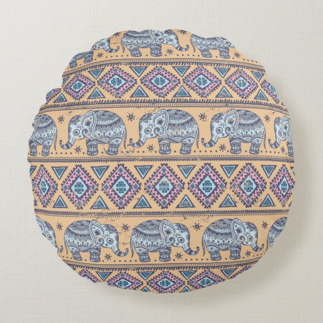 Blauw Elephant Tribal Patroon Rond Kussen (Voorkant)